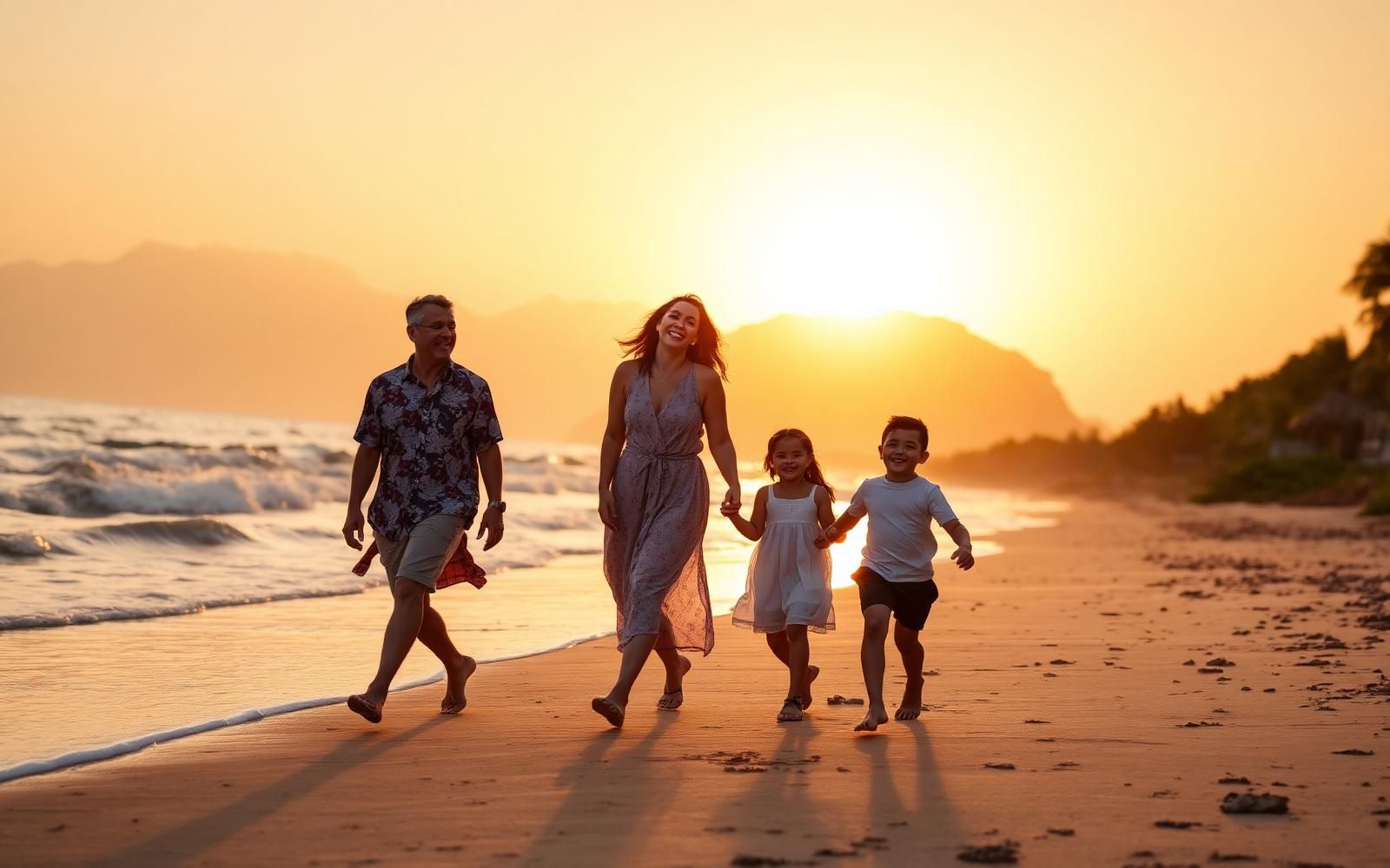 Family walking on a beach at sunset